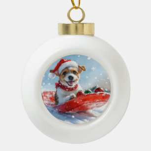 Adorno De Cerámica Tipo Bola Perro Jack Russell en Trineo Deja que Nieve Navida