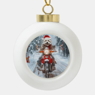 Adorno De Cerámica Tipo Bola Perro maltés montando motocicleta Navidad