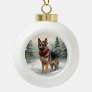 Adorno De Cerámica Tipo Bola Perro pastor alemán en Navidad con nieve