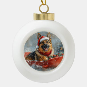Adorno De Cerámica Tipo Bola Perro pastor alemán en trineo nieve Navidad