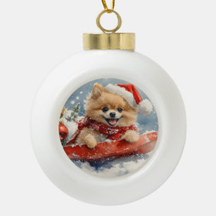 Adorno De Cerámica Tipo Bola Perro Pomerania en Trineo Deja que Nieve Navidad