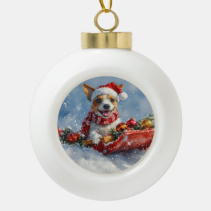 Adorno De Cerámica Tipo Bola Perro Rat Terrier en Trineo Deja que Nieve Navidad