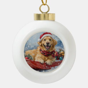Adorno De Cerámica Tipo Bola Perro Retriever Dorado en Trineo Nieve Navidad