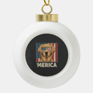 Adorno De Cerámica Tipo Bola Perro Retriever Dorado Vintage Bandera 'Merica