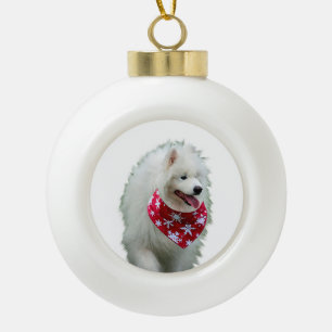 Adorno De Cerámica Tipo Bola Perro Samoyed con honor a la Navidad redondeada en