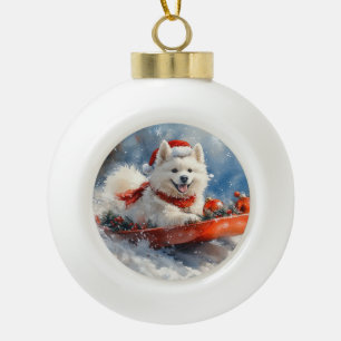 Adorno De Cerámica Tipo Bola Perro Samoyedo en Trineo Deja que Nieve Navidad