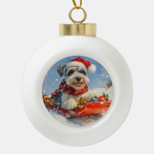 Adorno De Cerámica Tipo Bola Perro Schnauzer en Trineo Deja que Nieve Navidad