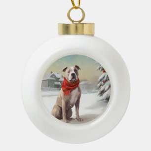 Adorno De Cerámica Tipo Bola Perro Staffordshire Americano en Navidad con Nieve