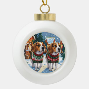 Adorno De Cerámica Tipo Bola Perros Beagle Navidad Nieve Fiesta