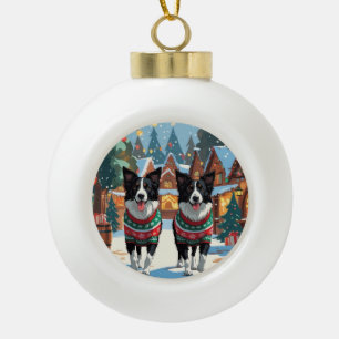 Adorno De Cerámica Tipo Bola Perros Border Collie Navidad Nieve Fiesta
