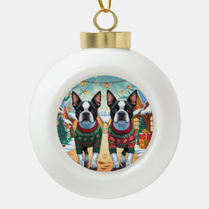Adorno De Cerámica Tipo Bola Perros Boston Terrier Navidad Nieve Fiesta