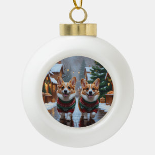 Adorno De Cerámica Tipo Bola Perros Corgi Navidad Nieve Fiesta