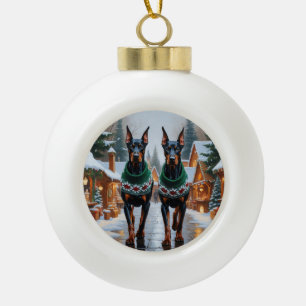 Adorno De Cerámica Tipo Bola Perros Doberman Navidad Nieve Fiesta