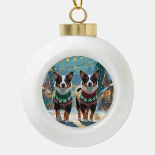 Adorno De Cerámica Tipo Bola Perros Ganaderos Australianos Navidad Nieve Fiesta