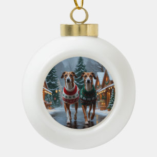 Adorno De Cerámica Tipo Bola Perros Greyhound Navidad Nieve Fiesta