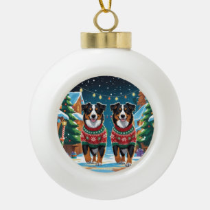 Adorno De Cerámica Tipo Bola Perros Pastor Australiano Navidad Nieve Fiesta