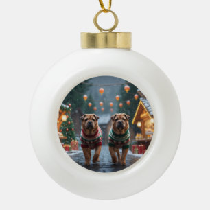Adorno De Cerámica Tipo Bola Perros Shar Pei Navidad Nieve Fiesta