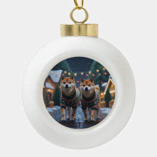 Adorno De Cerámica Tipo Bola Perros Shiba Inu Navidad Nieve Fiesta