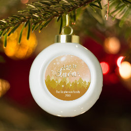 Adorno De Cerámica Tipo Bola Personalizado Gold Snowy Forest Feliz Navidad