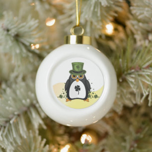 Adorno De Cerámica Tipo Bola Pingüino Afortunado Día de San Patricio Trébol Irl