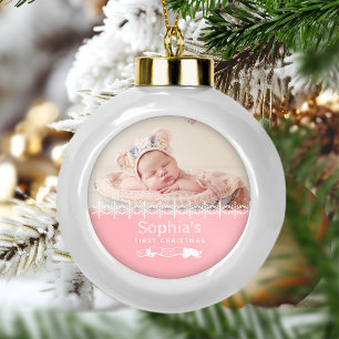 Adorno De Cerámica Tipo Bola Pink Keepsake Photo Babys First Christmas