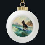 Adorno De Cerámica Tipo Bola Pintura australiana de surf en Kelpie Beach<br><div class="desc">Sumérgete en el mundo lúdico de la aventura canina con esta pintura cautivadora. Un perro animado lleva a las olas, subiendo con habilidad al surf en una playa con sol. El vibrante arte captura bellamente la esencia de la emoción en la playa mientras el perro recorre sin miedo las olas,...</div>