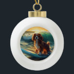 Adorno De Cerámica Tipo Bola Pintura Cavalier King Beach para surf<br><div class="desc">Sumérgete en el mundo lúdico de la aventura canina con esta pintura cautivadora. Un perro animado lleva a las olas, subiendo con habilidad al surf en una playa con sol. El vibrante arte captura bellamente la esencia de la emoción en la playa mientras el perro recorre sin miedo las olas,...</div>