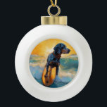 Adorno De Cerámica Tipo Bola Pintura de Bluetick Coonhound Beach Surfing<br><div class="desc">Sumérgete en el mundo lúdico de la aventura canina con esta pintura cautivadora. Un perro animado lleva a las olas, subiendo con habilidad al surf en una playa con sol. El vibrante arte captura bellamente la esencia de la emoción en la playa mientras el perro recorre sin miedo las olas,...</div>