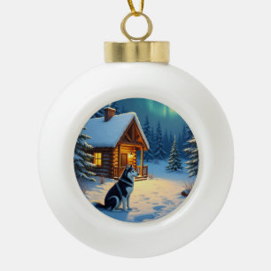 Adorno De Cerámica Tipo Bola Pintura de Navidad de cabaña nevada con Husky Sibe