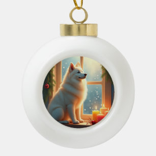 Adorno De Cerámica Tipo Bola Pintura de Navidad de Samoyed bajo el muérdago