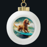 Adorno De Cerámica Tipo Bola Pintura de surf Cocker Spaniel Beach<br><div class="desc">Sumérgete en el mundo lúdico de la aventura canina con esta pintura cautivadora. Un perro animado lleva a las olas, subiendo con habilidad al surf en una playa con sol. El vibrante arte captura bellamente la esencia de la emoción en la playa mientras el perro recorre sin miedo las olas,...</div>
