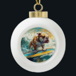 Adorno De Cerámica Tipo Bola Pintura de surf en bulldog Beach<br><div class="desc">Sumérgete en el mundo lúdico de la aventura canina con esta pintura cautivadora. Un perro animado lleva a las olas, subiendo con habilidad al surf en una playa con sol. El vibrante arte captura bellamente la esencia de la emoción en la playa mientras el perro recorre sin miedo las olas,...</div>