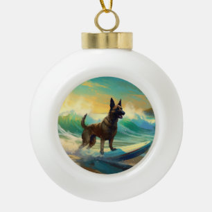 Adorno De Cerámica Tipo Bola Pintura de surf en la playa con Malinois belga
