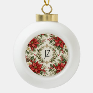 Adorno De Cerámica Tipo Bola Poinsettia y Acebo de Navidad Vintage