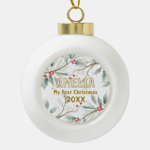 Adorno De Cerámica Tipo Bola Primera Navidad del Bebé Acebo Follaje de Invierno