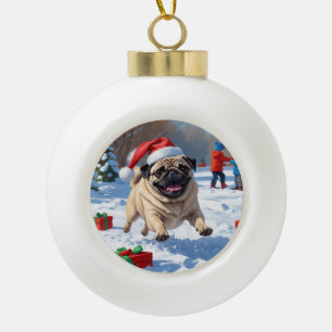 Adorno De Cerámica Tipo Bola Pug corriendo en la nieve con sombrero de Navidad