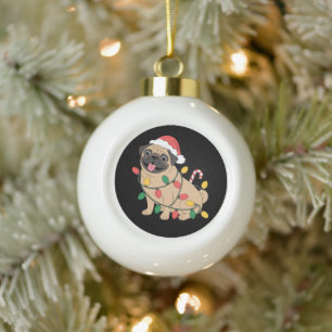 Adorno De Cerámica Tipo Bola Pug de Navidad Perro Gorro de Santa Luces Caña de 