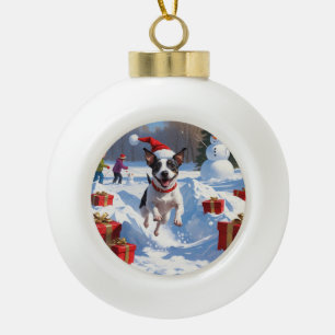 Adorno De Cerámica Tipo Bola Rat Terrier corriendo en la nieve con sombrero de 