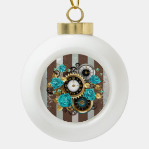 Adorno De Cerámica Tipo Bola Reloj Steampunk y rosas turquesas a rayas