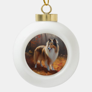 Adorno De Cerámica Tipo Bola Rough Collie en Otoño Las Hojas Caídas Inspiran