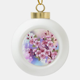 Adorno De Cerámica Tipo Bola Sakura rosa sobre fondo de pintura