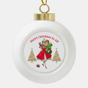 Adorno De Cerámica Tipo Bola Saludos de Navidad de Dama Vintage 1950