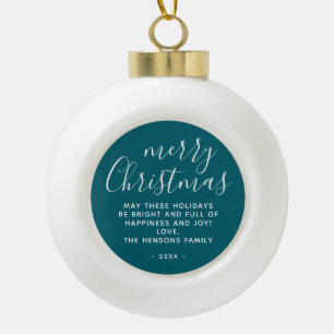 Adorno De Cerámica Tipo Bola Script de Navidad Feliz Minimalista Verde Turquesa