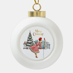 Adorno De Cerámica Tipo Bola Señora de la Vintage de 1950, con saludos navideño