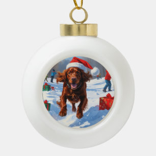 Adorno De Cerámica Tipo Bola Setter Rojo Irlandés Corriendo en la Nieve con Som