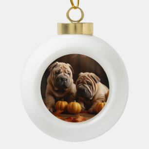 Adorno De Cerámica Tipo Bola Shar Pei Puppy Calabaza deslumbrante de otoño