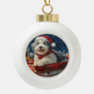 Adorno De Cerámica Tipo Bola Sheepdog inglesa con coraje y Navidades de la niev
