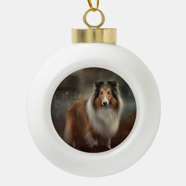 Adorno De Cerámica Tipo Bola Shetland Sheepdog Halloween Scary (Anverso)