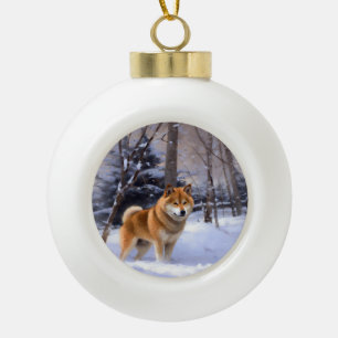 Adorno De Cerámica Tipo Bola Shiba Inu Deja que nieve Navidad