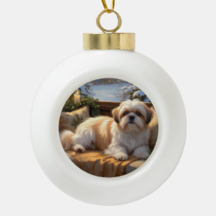 Adorno De Cerámica Tipo Bola Shih Tzu con vacaciones de Navidades alumbrados